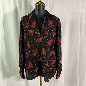 Chaus Black Red & Green Paisley Print V-Neck Blouse